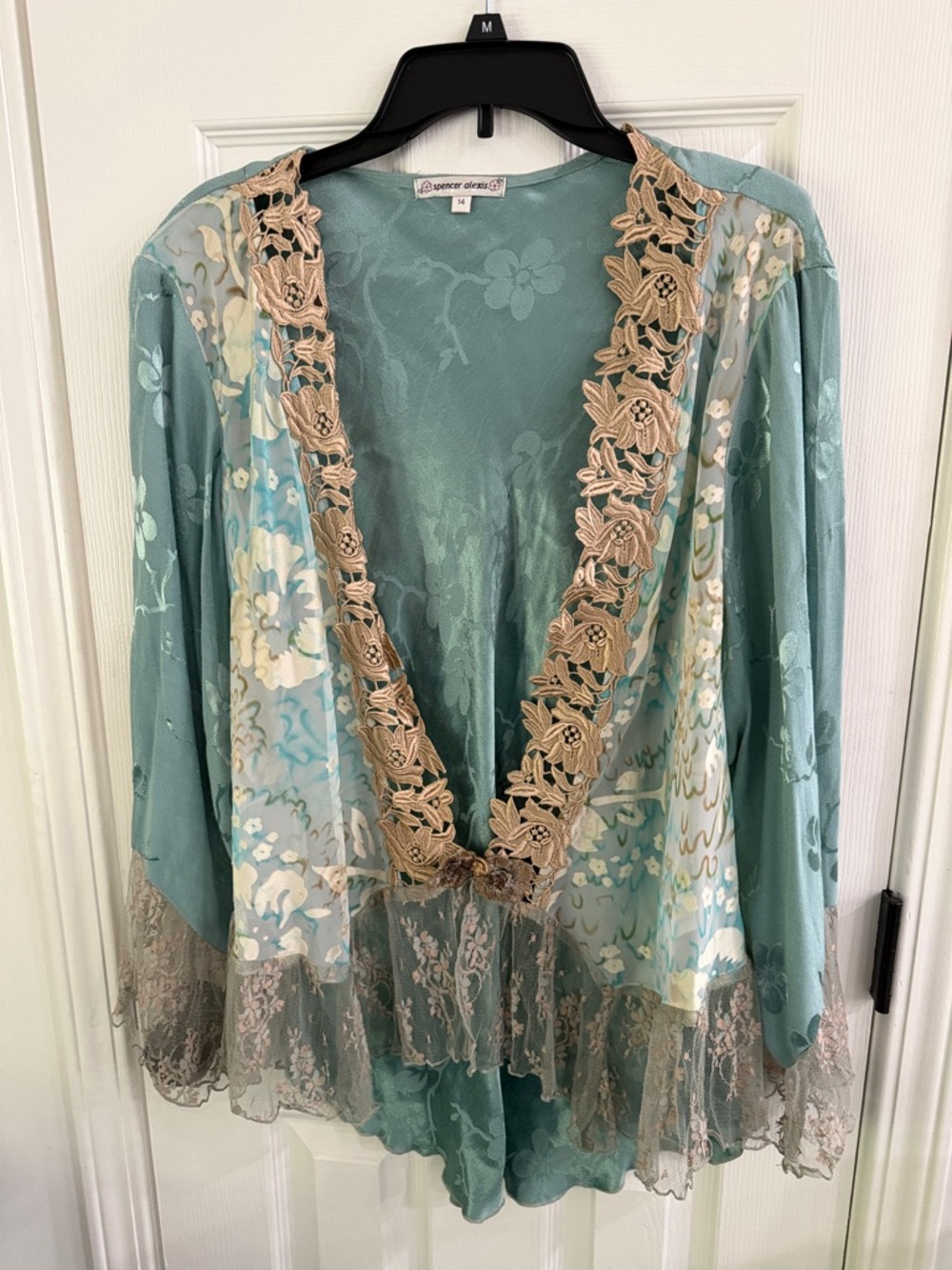 Seafoam Taupe Floral Lace-Trim Kimono by Spencer Alexis